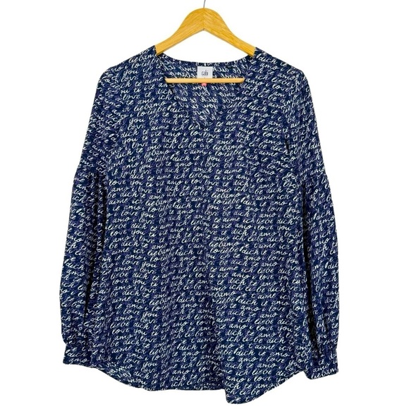 Cabi "I Love You" Long Puff Balloon Sleeve V-Neck Blouse Navy Size Small - Picture 2 of 13